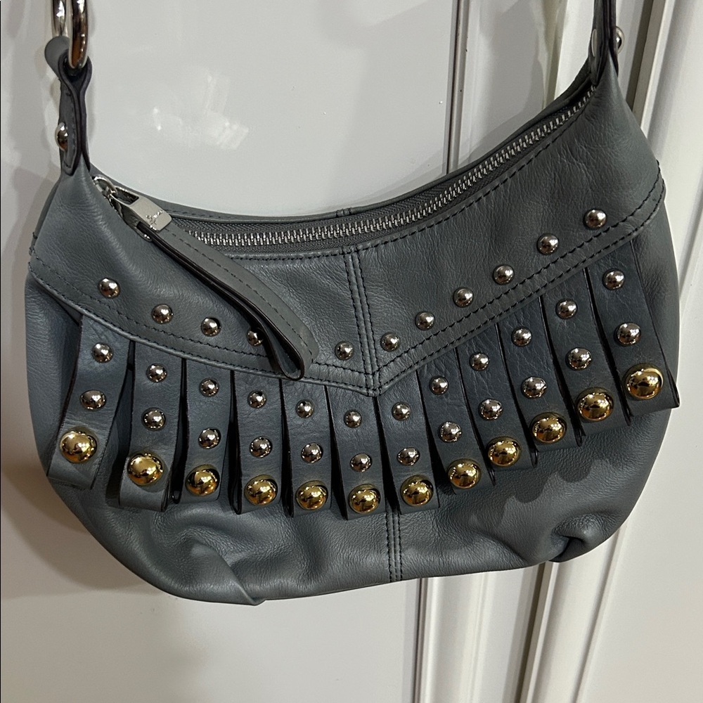 B. Makowsky Gray Leather Shoulder Bag with Gold Accents